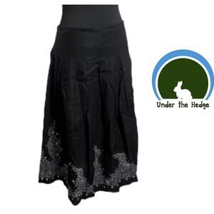 y2k Ninety Black Linen Blend Beaded Pleated Midi Skirt Size 10 E1 Whimsigoth